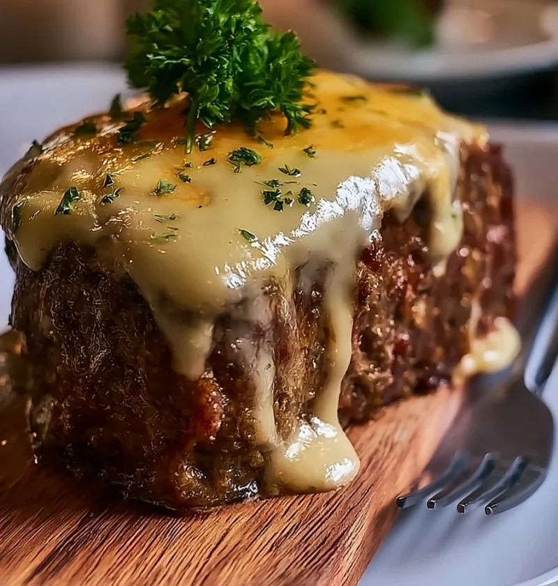 Meatloaf alla francese con formaggio svizzero fuso su un piatto