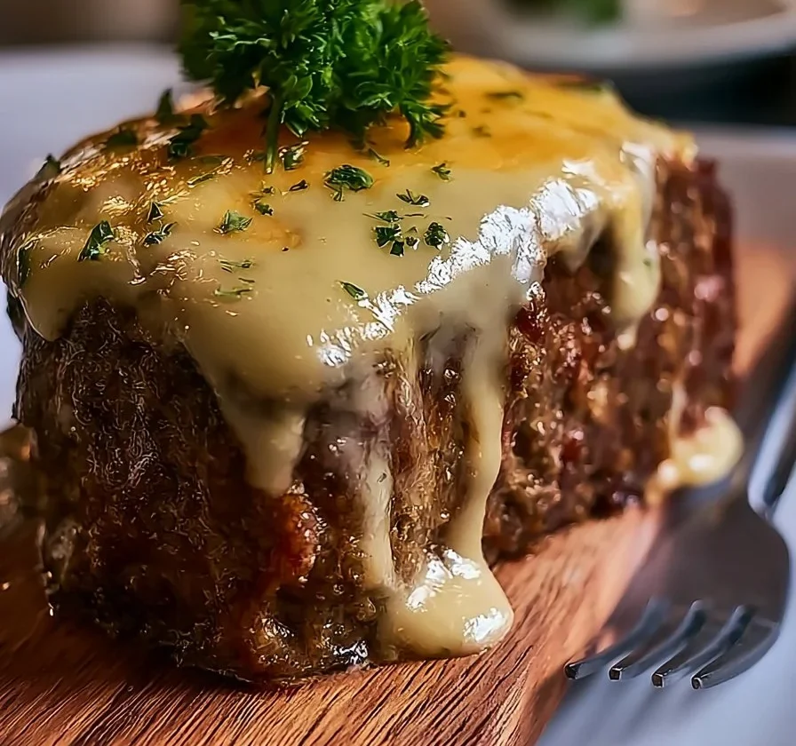 Meatloaf alla francese con formaggio svizzero fuso su un piatto