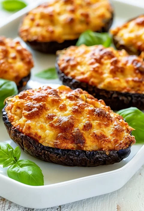 Melanzane Ripiene alla Parmigiana servite su un piatto con formaggio fuso.