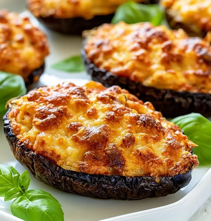 Melanzane Ripiene alla Parmigiana servite su un piatto con formaggio fuso.