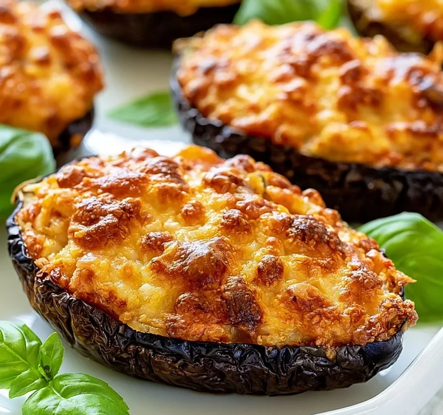 Melanzane Ripiene alla Parmigiana servite su un piatto con formaggio fuso.