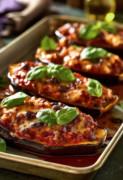 Melanzane ripiene di carne succulente pronte per essere servite