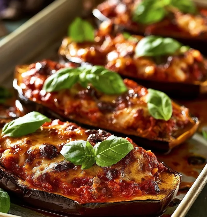 Melanzane ripiene di carne succulente pronte per essere servite