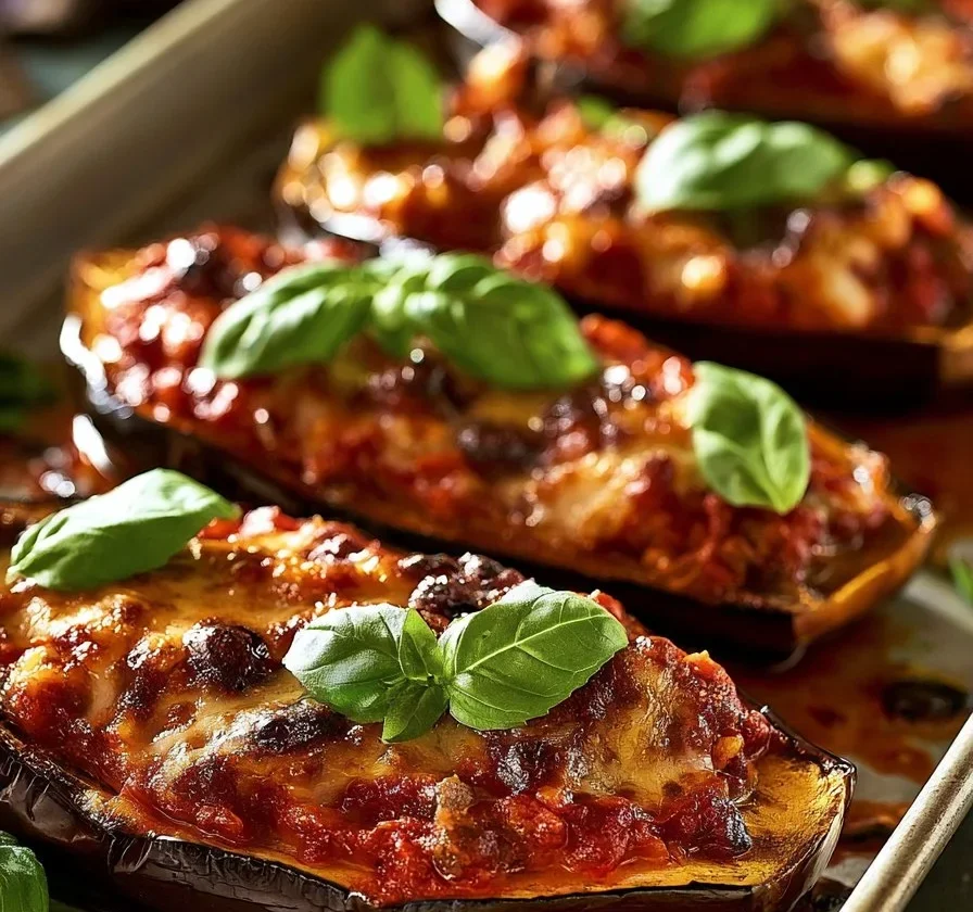 Melanzane ripiene di carne succulente pronte per essere servite