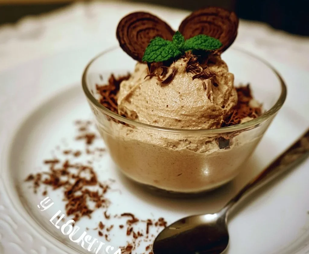 Mousse di Liquirizia servita in un elegante piatto dessert