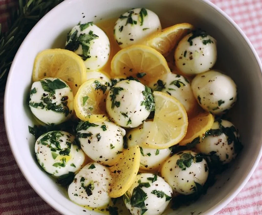 Mozzarelle marinate con limone ed erbe aromatiche in un piatto elegante