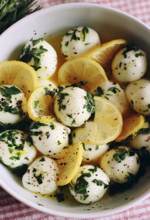 Mozzarelle marinate con limone ed erbe aromatiche in un piatto elegante