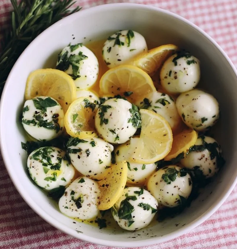Mozzarelle marinate con limone ed erbe aromatiche in un piatto elegante