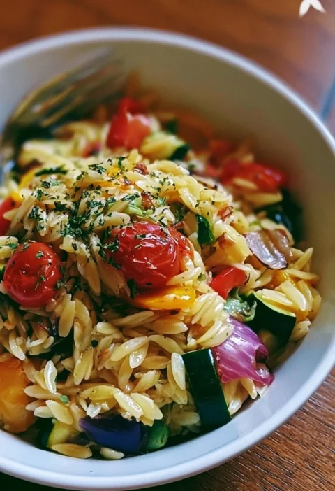 Piatto di Orzo al Limone e Aglio con Verdure Arrosto colorate e appetitose.