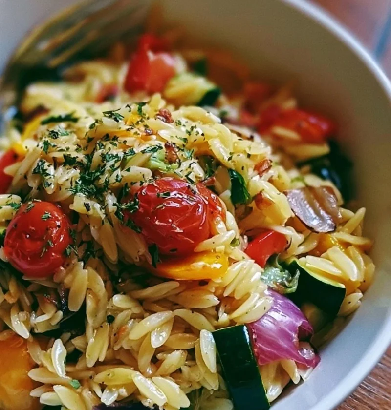 Piatto di Orzo al Limone e Aglio con Verdure Arrosto colorate e appetitose.