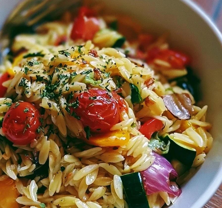 Piatto di Orzo al Limone e Aglio con Verdure Arrosto colorate e appetitose.