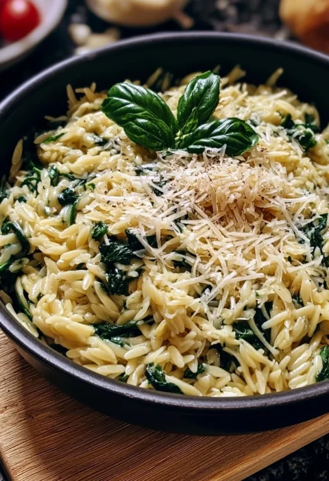 Orzotto spinaci con parmigiano preparato in un'unica pentola
