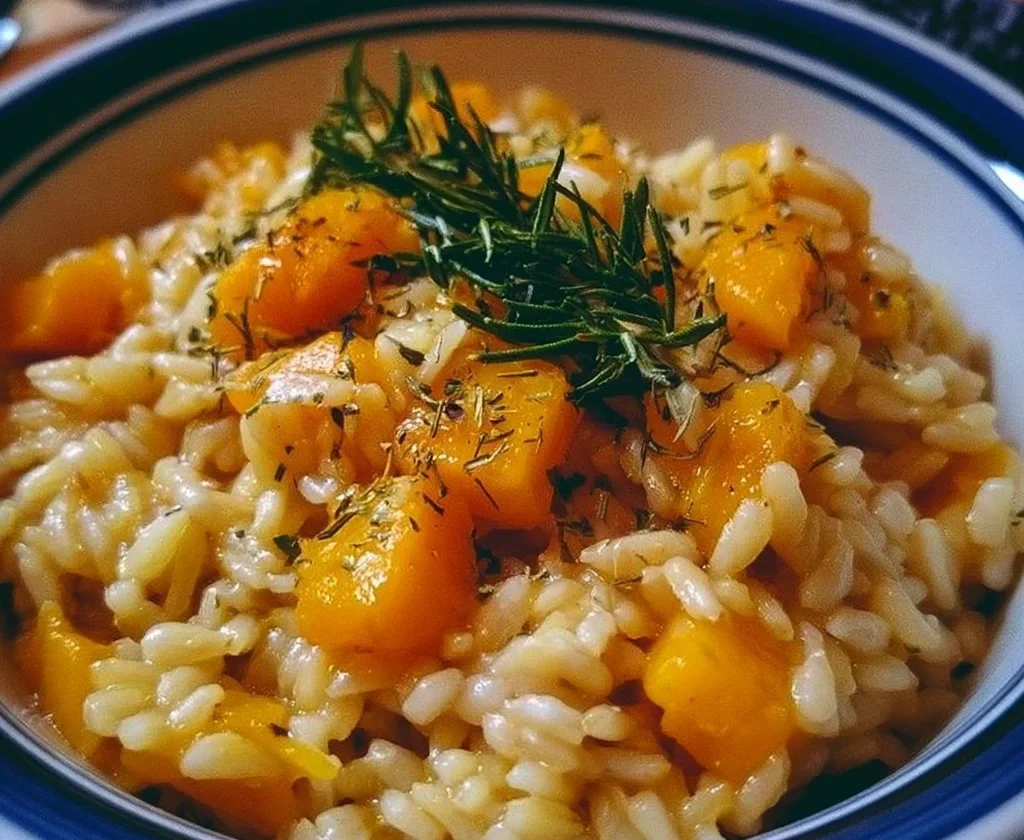 Piatto di orzotto di zucca e rosmarino decorato con erbe fresche