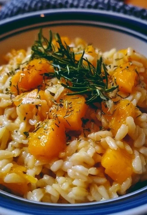 Piatto di orzotto di zucca e rosmarino decorato con erbe fresche