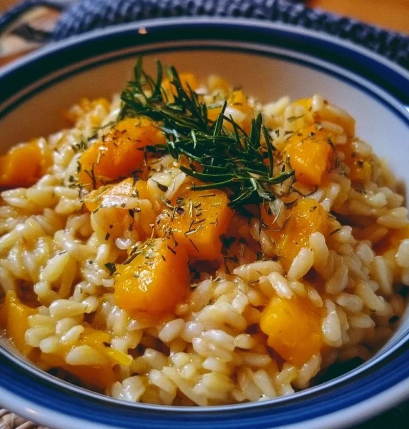 Piatto di orzotto di zucca e rosmarino decorato con erbe fresche
