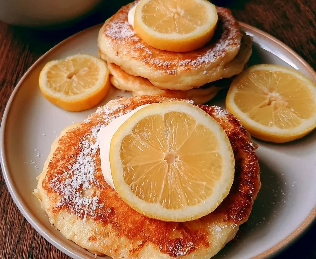Pancake soffici allo Yogurt e Limone serviti su un piatto