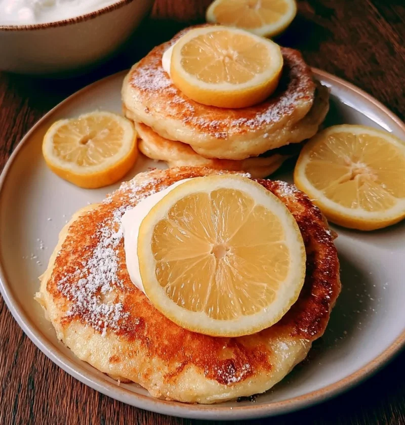 Pancake soffici allo Yogurt e Limone serviti su un piatto