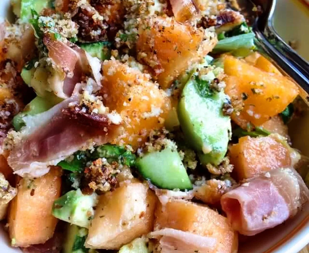 Panzanella con prosciutto e melone, un'insalata estiva fresca e saporita.