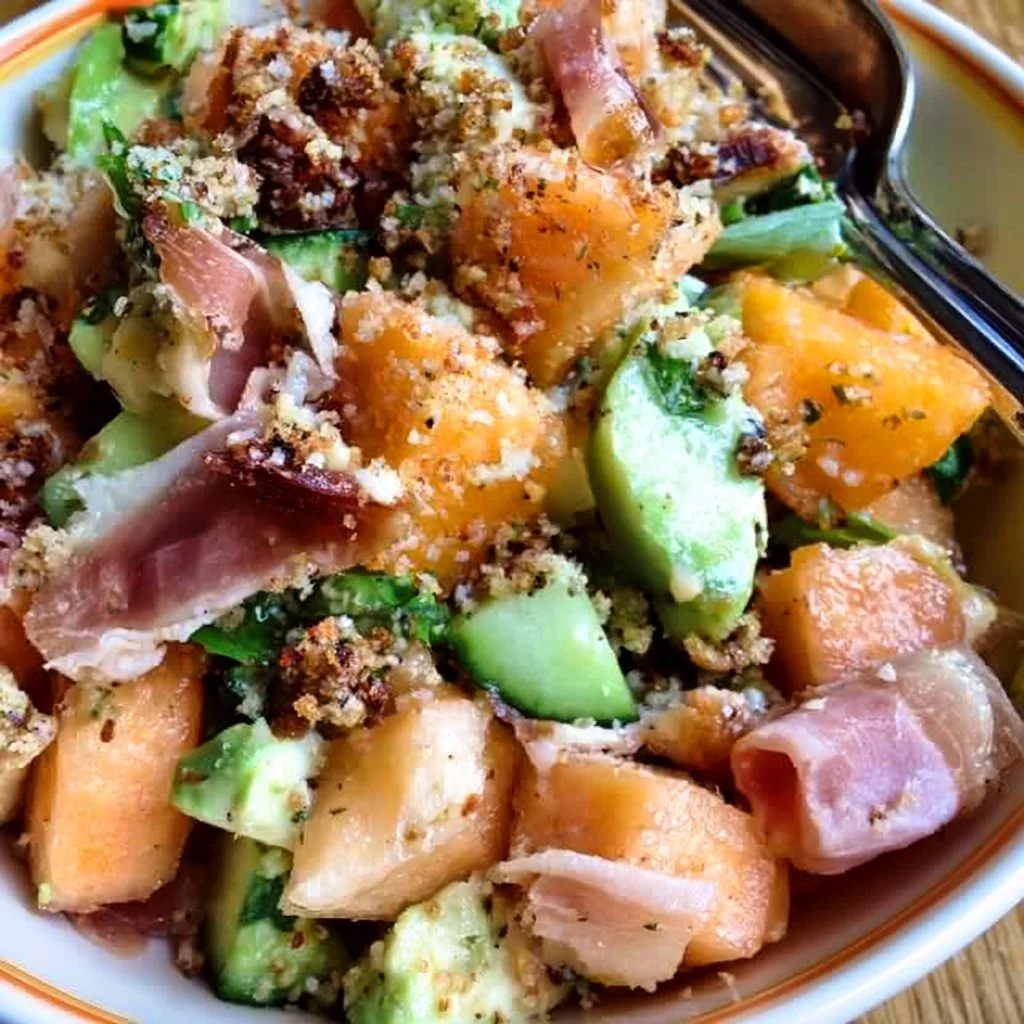 Panzanella con prosciutto e melone, un'insalata estiva fresca e saporita.