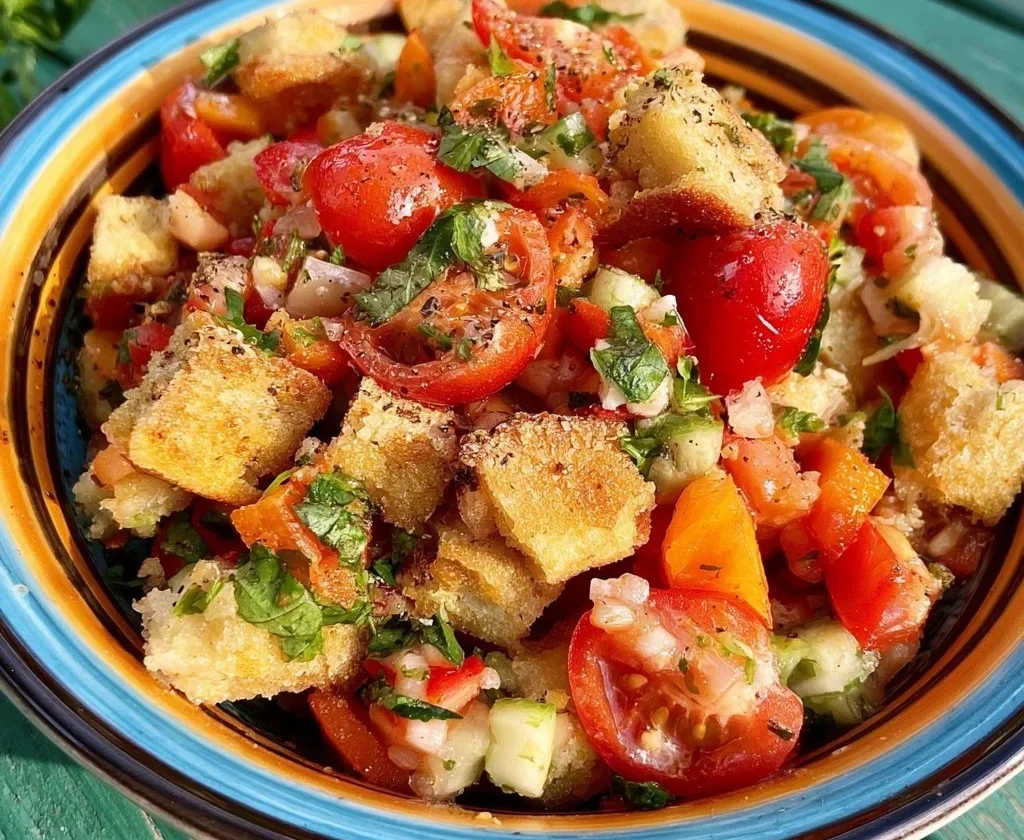 Panzanella Croccante con pane, pomodori e cetrioli freschi