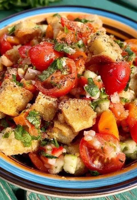 Panzanella Croccante con pane, pomodori e cetrioli freschi