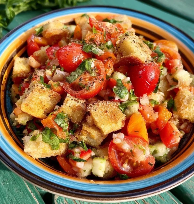 Panzanella Croccante con pane, pomodori e cetrioli freschi