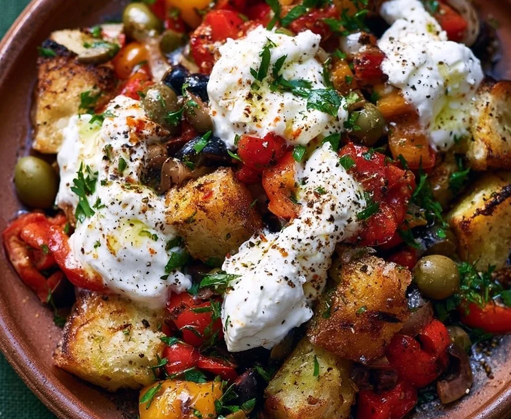 Panzanella di Peperoni con Burrata e Olive, un'insalata colorata e gustosa.