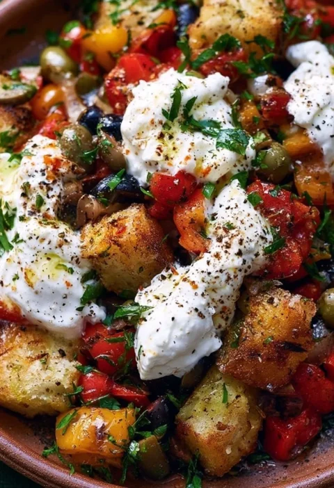 Panzanella di Peperoni con Burrata e Olive, un'insalata colorata e gustosa.