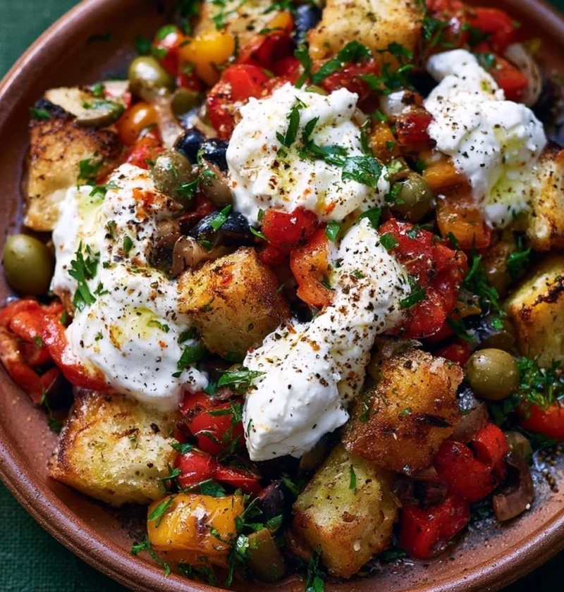 Panzanella di Peperoni con Burrata e Olive, un'insalata colorata e gustosa.