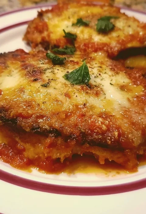 Piatto di Parmigiana di Melanzane servito con formaggio fuso e basilico fresco