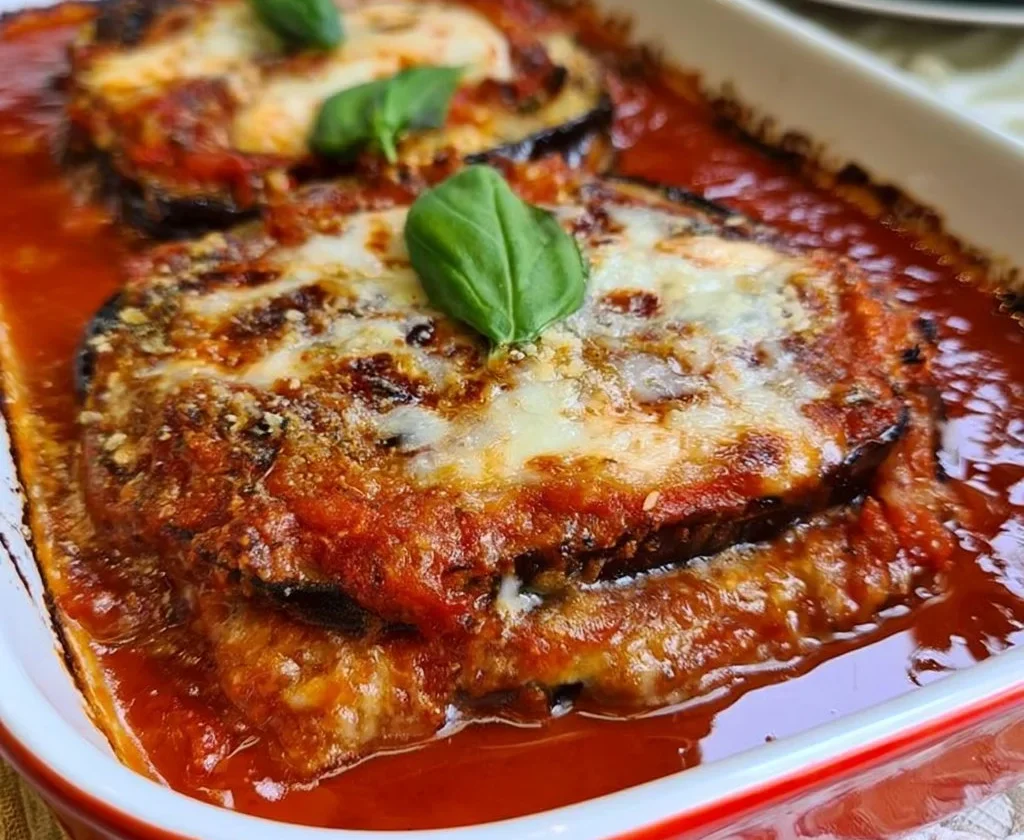Deliziosa Parmigiana di Melanzane in un piatto rustico italiano.