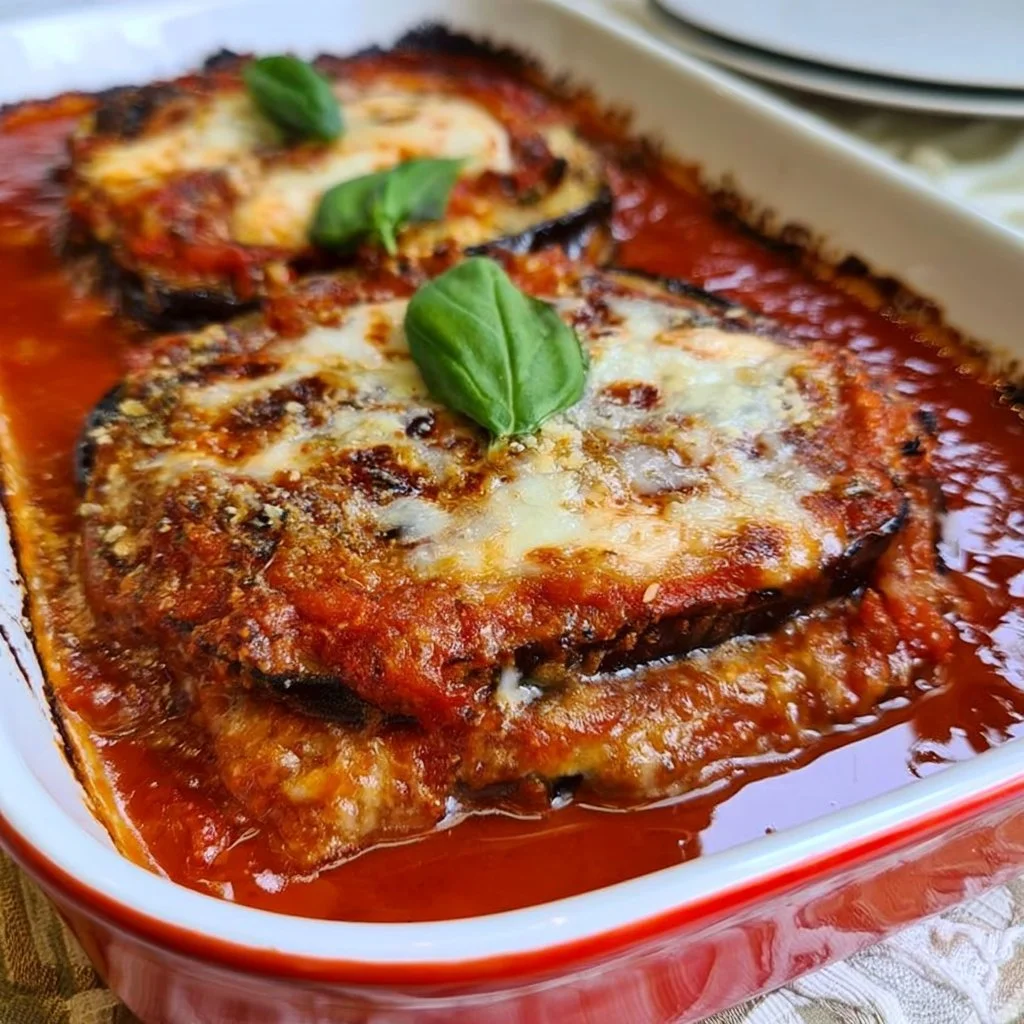 Deliziosa Parmigiana di Melanzane in un piatto rustico italiano.