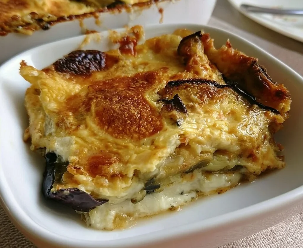 Parmigiana di Melanzane in Bianco con Provola servita in un piatto elegante.