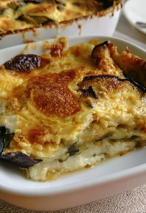 Parmigiana di Melanzane in Bianco con Provola servita in un piatto elegante.