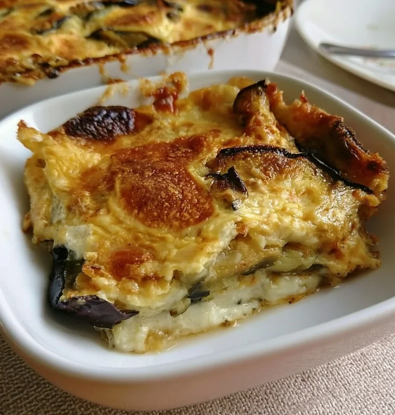 Parmigiana di Melanzane in Bianco con Provola servita in un piatto elegante.