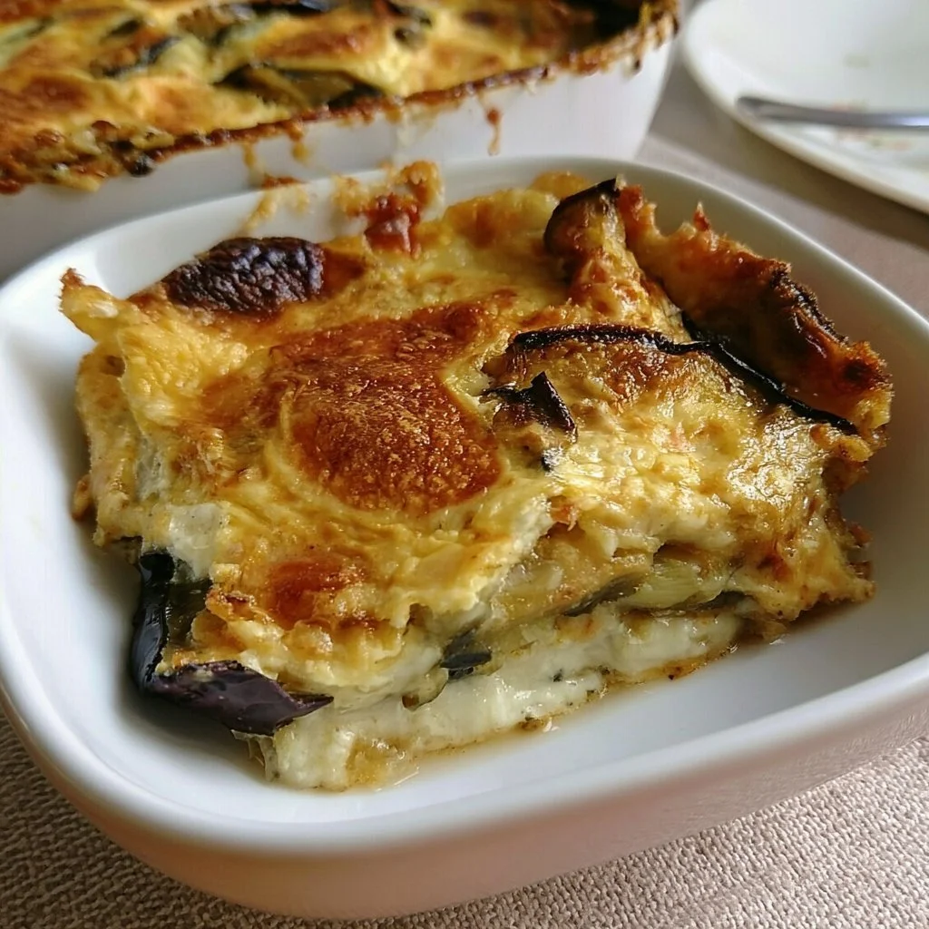 Parmigiana di Melanzane in Bianco con Provola servita in un piatto elegante.