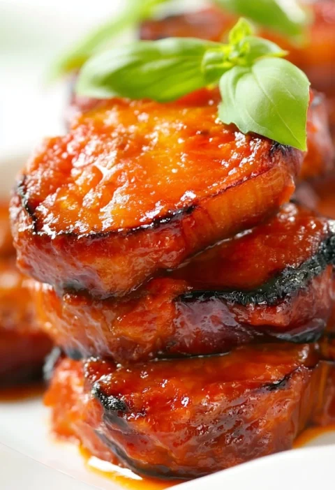 Parmigiana di Melanzane monoporzioni servita su un piatto bianco