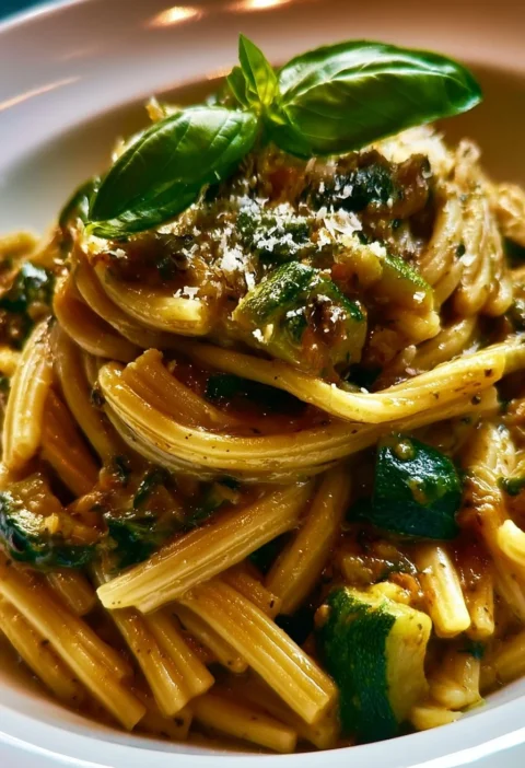 Pasta alla Nerano con zucchine e formaggio, piatto tradizionale italiano.