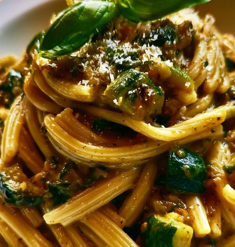 Pasta alla Nerano con zucchine e formaggio, piatto tradizionale italiano.