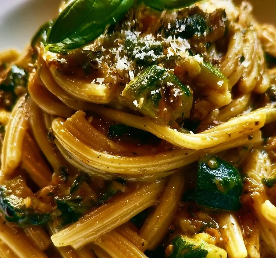 Pasta alla Nerano con zucchine e formaggio, piatto tradizionale italiano.