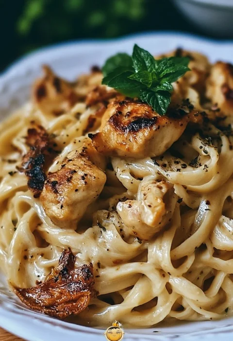 Pasta di Pollo all'Aglio e Panna con salsa cremosa e ingredienti freschi