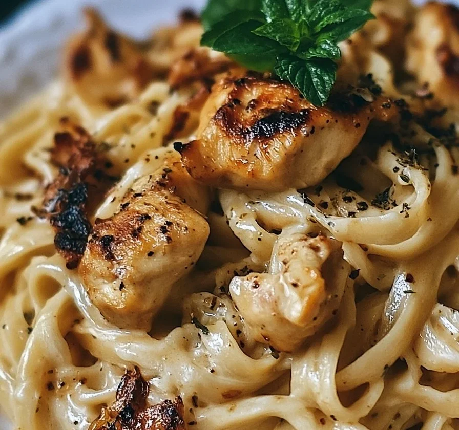 Pasta di Pollo all'Aglio e Panna con salsa cremosa e ingredienti freschi