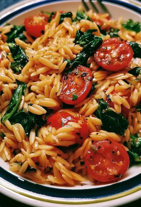 Pasta Orzo con Spinaci e Pomodori in un piatto colorato e appetitoso.