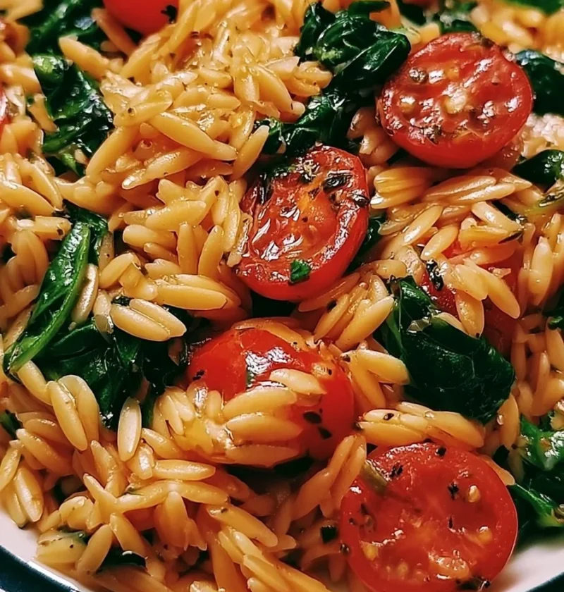 Pasta Orzo con Spinaci e Pomodori in un piatto colorato e appetitoso.