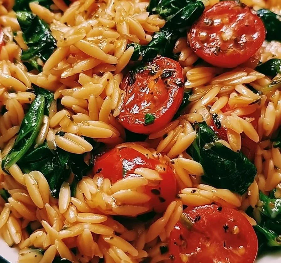 Pasta Orzo con Spinaci e Pomodori in un piatto colorato e appetitoso.