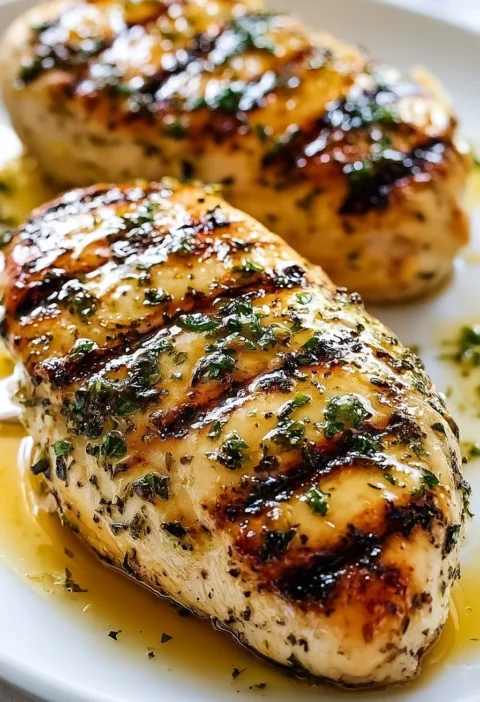 Petto di pollo grigliato agli agrumi e erbe su un piatto