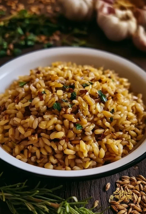 Pilaf di orzo con aglio e erbe, un piatto saporito e nutriente