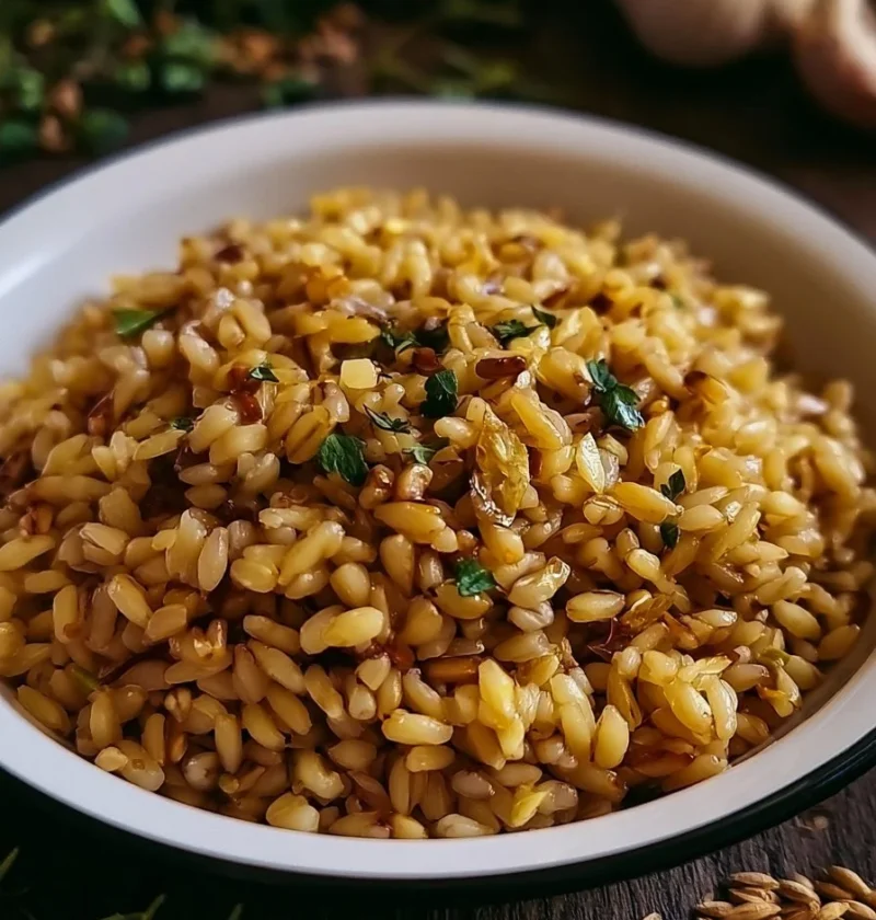 Pilaf di orzo con aglio e erbe, un piatto saporito e nutriente