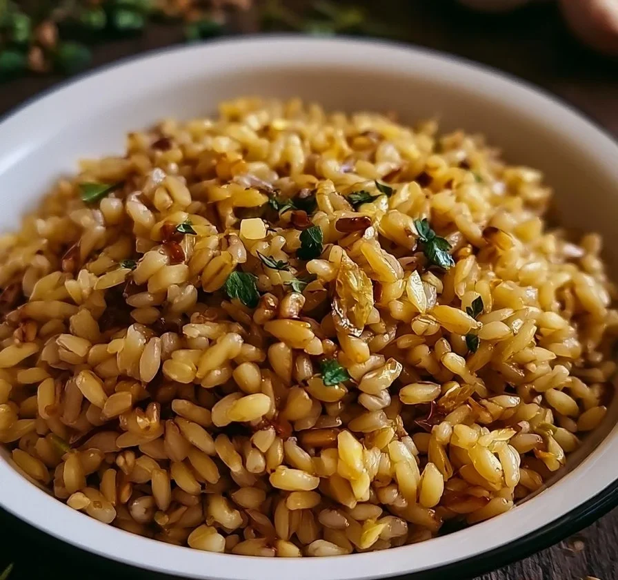 Pilaf di orzo con aglio e erbe, un piatto saporito e nutriente