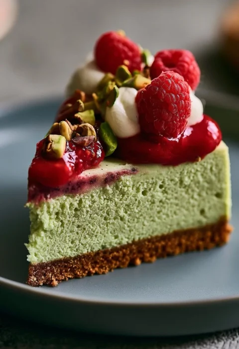 Cheesecake al pistacchio decorata con pistacchi tritati e crema dolce.